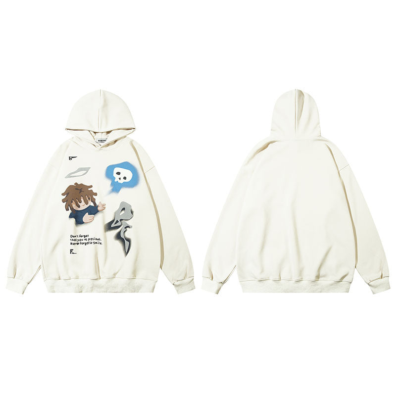 Men Hoodie Flame Graffiti Printing Washed Hooded Sweater