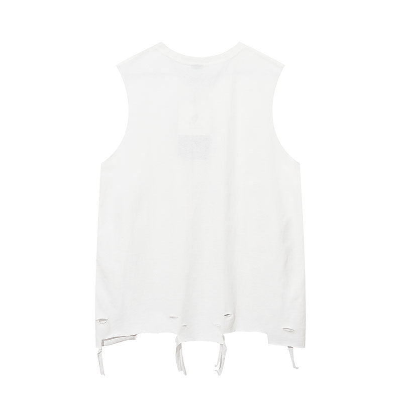 Men Vest Letter Graffiti Washed Make Old Ripped Sleeveless T-shirt