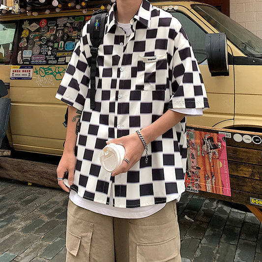 Men Shirts Chessboard Plaid Loose and Handsome Coat