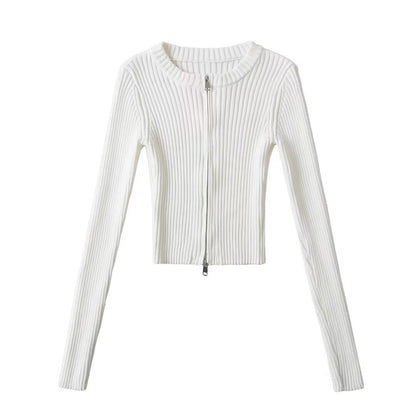 Women Tops Spring/Summer Double Zipper Knitted Cardigan Short Top