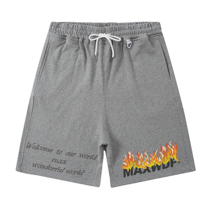 Men Shorts Hiphop Vintage Flame Print Sports Shorts