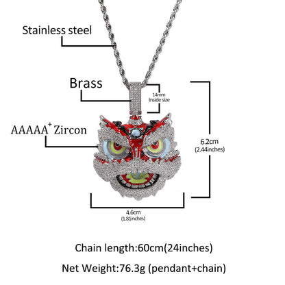 Jewelry Vintage Creative Lion Dance Hip Hop Copper Inlaid Zircon Colored Lion Head Necklace Far East Spectrum Animal St. Valentine's