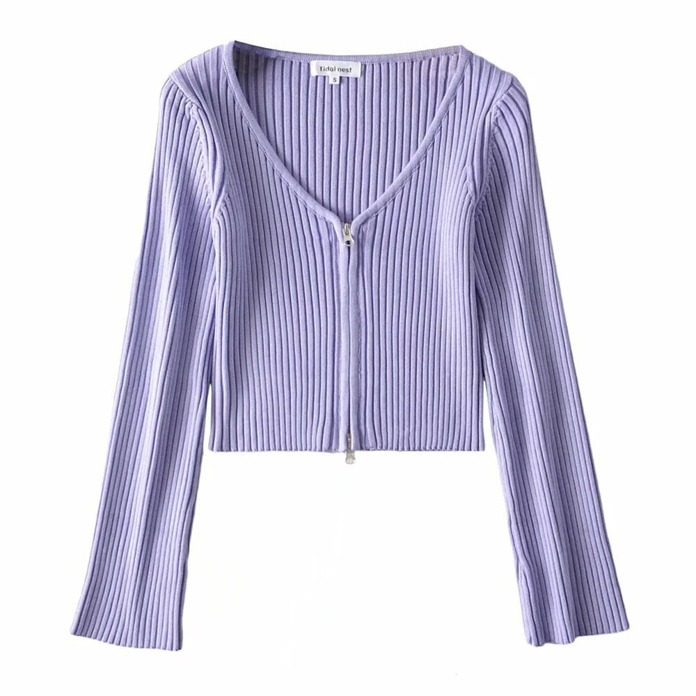 Women Sweater Knit Wear Spring and Autumn Double Zipper Knitted Cardigan Jacket