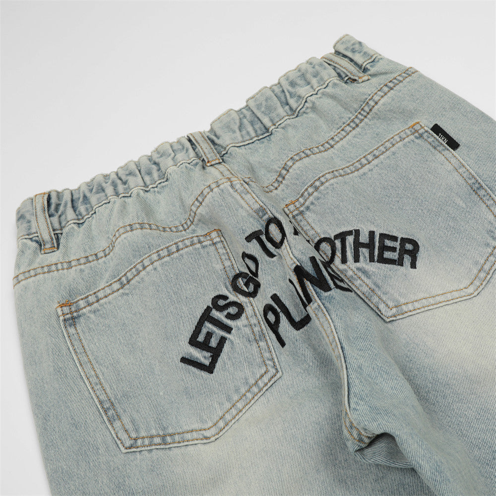Men Jeans Stitching Wide Leg Leisure Embroidery Word Casual