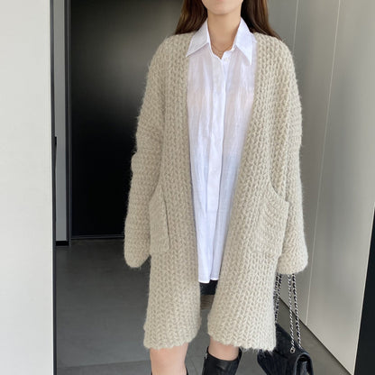 Women Cardigan Sweater Autumn and Winter Loose Pocket Texture Interwoven Long Cardigan Jacket Kc81