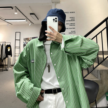 Men Shirts Long Sleeve Striped Shirt for Teenagers Baggy Coat