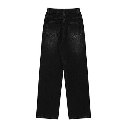 Women Pants Pocket Straight Jeans Loose High Waist Wide Leg Pants Casual Washed Trousers