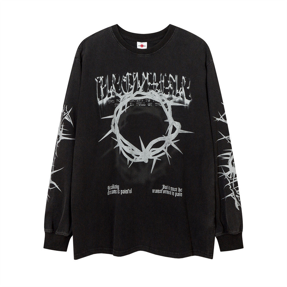 Men Long Sleeve T-Shirt Dark Graffiti Washed and Worn