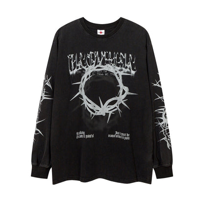 Men Long Sleeve T-Shirt Dark Graffiti Washed and Worn