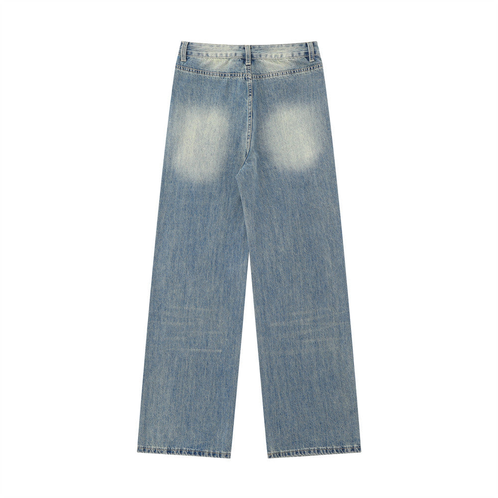 Women Pants Washed Jeans Straight Wide Leg Pants Loose Trousers