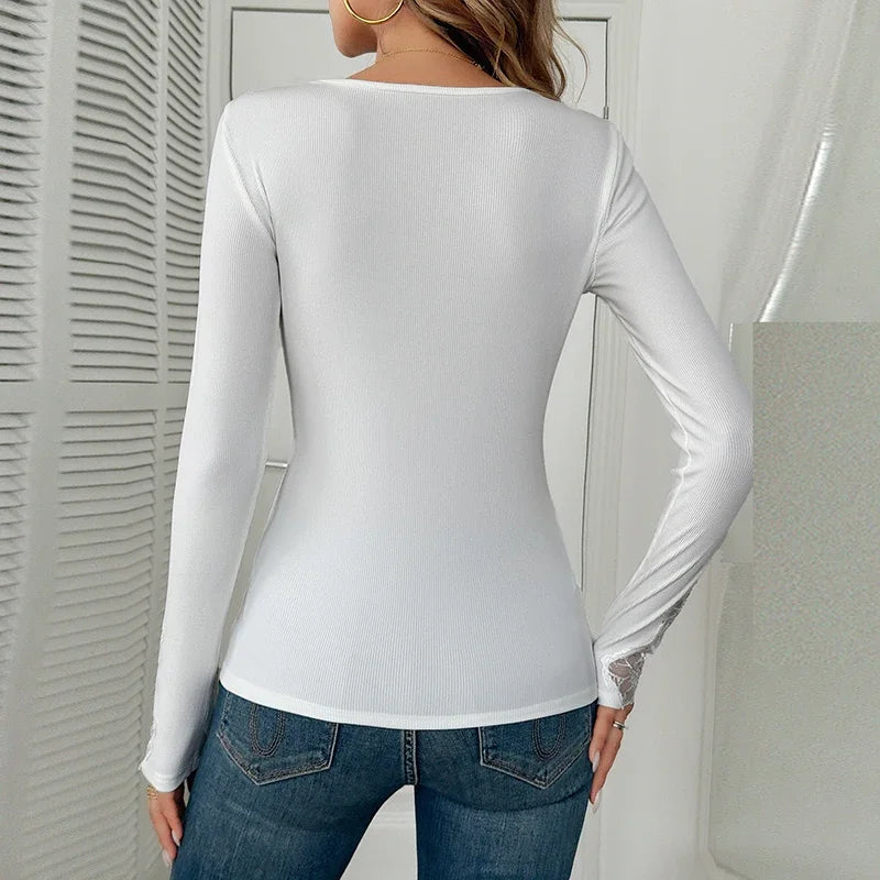 Women Sexy V Neck Shirt Women Elegant Lace Tops Female Fashion Long Sleeve Shirts For Women Slim T-Shirts