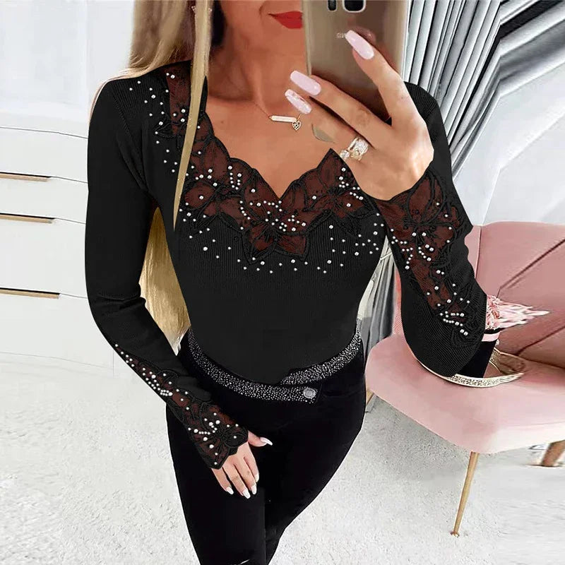 Women Sexy V Neck Shirt Women Elegant Lace Tops Female Fashion Long Sleeve Shirts For Women Slim T-Shirts