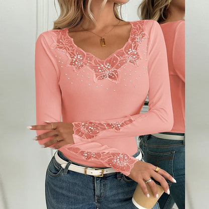 Women Sexy V Neck Shirt Women Elegant Lace Tops Female Fashion Long Sleeve Shirts For Women Slim T-Shirts
