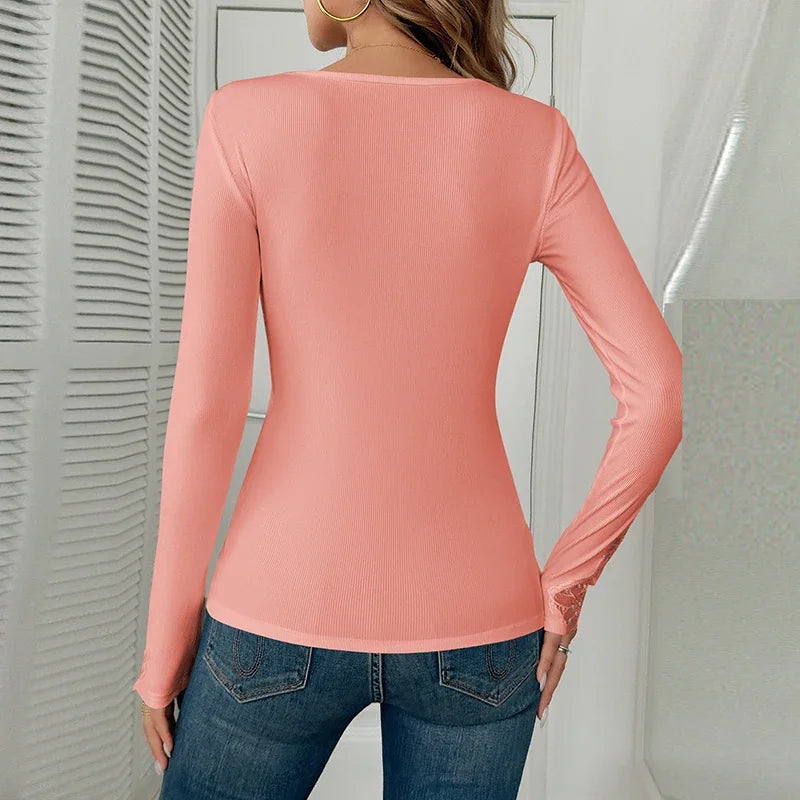 Women Sexy V Neck Shirt Women Elegant Lace Tops Female Fashion Long Sleeve Shirts For Women Slim T-Shirts