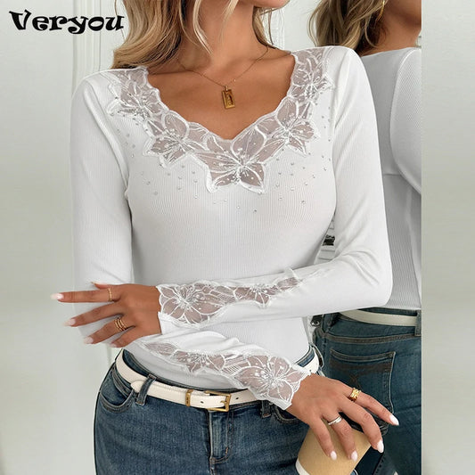 Women Sexy V Neck Shirt Women Elegant Lace Tops Female Fashion Long Sleeve Shirts For Women Slim T-Shirts