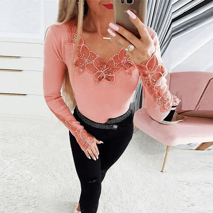 Women Sexy V Neck Shirt Women Elegant Lace Tops Female Fashion Long Sleeve Shirts For Women Slim T-Shirts