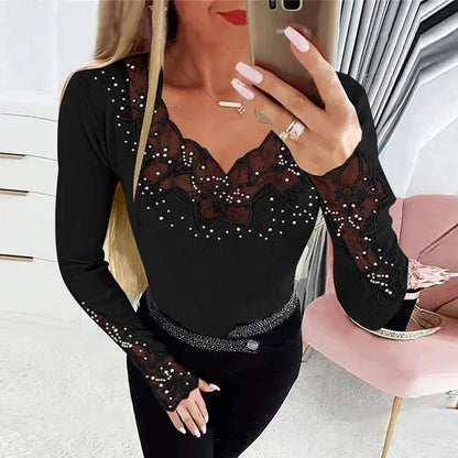 Women Sexy V Neck Shirt Women Elegant Lace Tops Female Fashion Long Sleeve Shirts For Women Slim T-Shirts