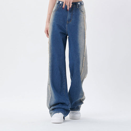 Men Jeans Washed Burr Straight Wide Leg Jeans Men's and Women's Denim Trousers