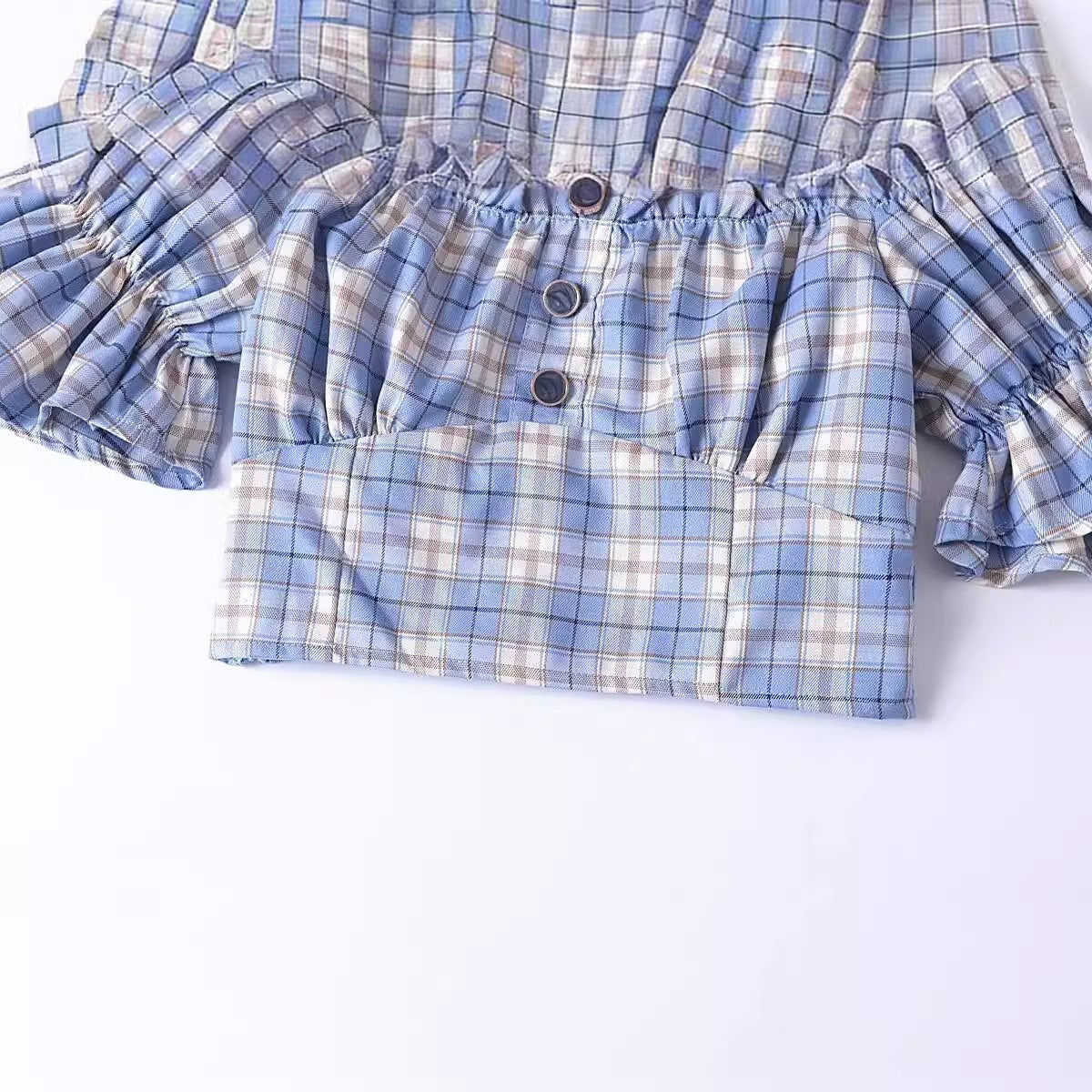 Women Tops Summer Puff Sleeve Plaid Top Short Shirt