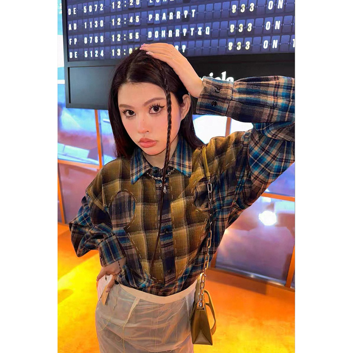 Unisex Shirts Vintage Plaid Shirt Splicing Loose Jacket