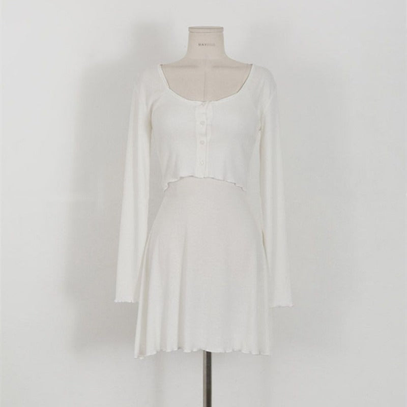 Women Dresses Gray V-neck Slip Dress Short Cardigan Long Sleeve Jacket