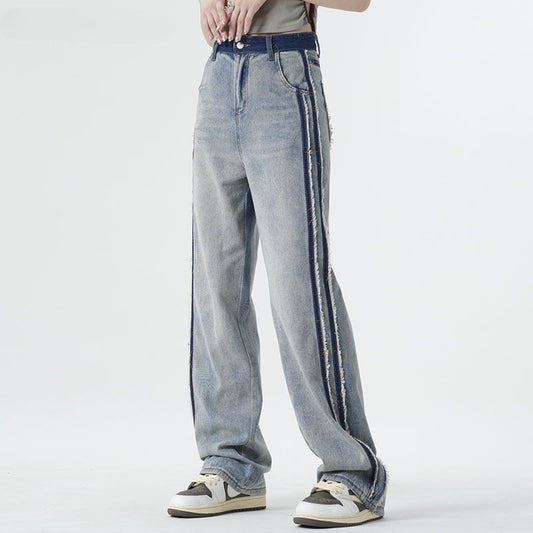 Men Jeans Washed Patchwork Jeans Retro Wide Leg Denim Trousers