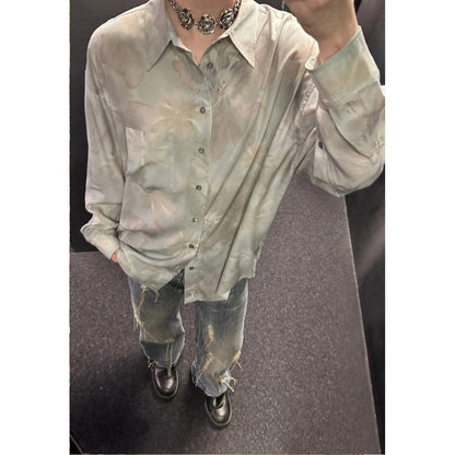 Unisex Shirts Floral Print Oversized Satin Shirt