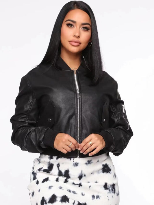 Women Leather Jacket Casual PU Leather Baseball Uniform Fall Winter Coat