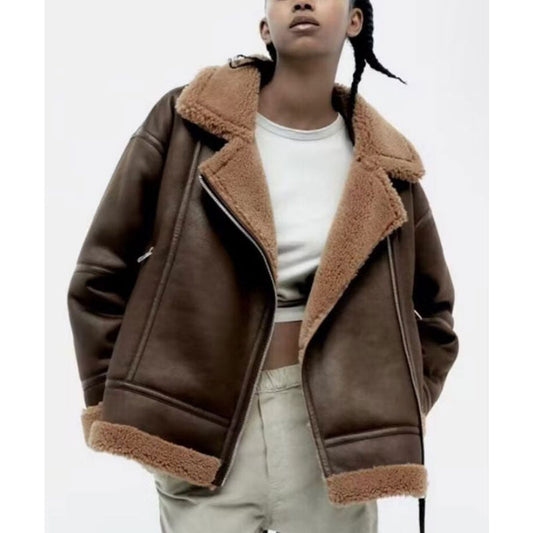 Women Cotton Coat Lamb Wool Casual Leather Coat