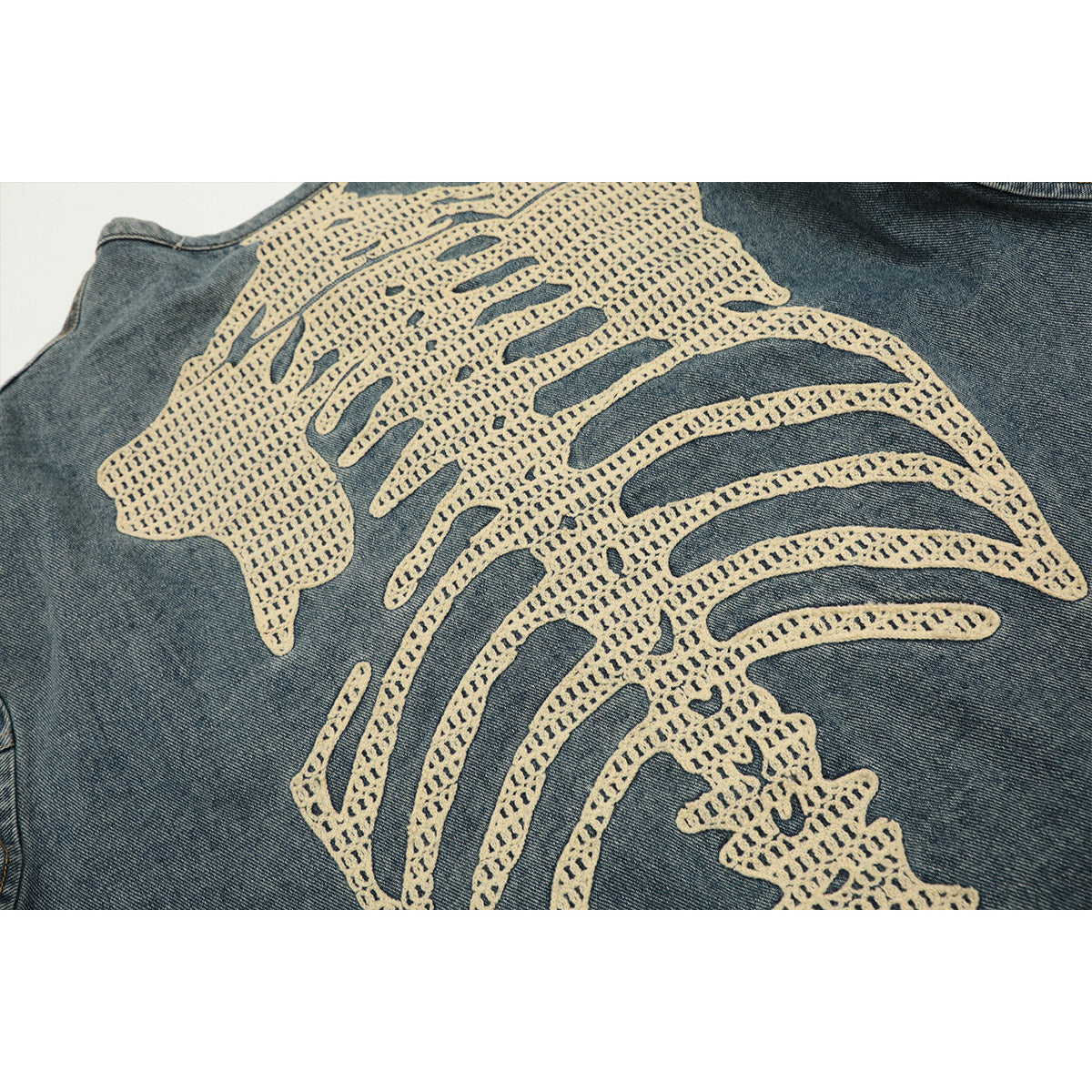 Unisex Denim Jacket Skeleton Embroidered Loose Cardigan Denim Jacket