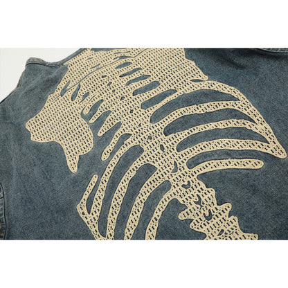 Unisex Denim Jacket Skeleton Embroidered Loose Cardigan Denim Jacket