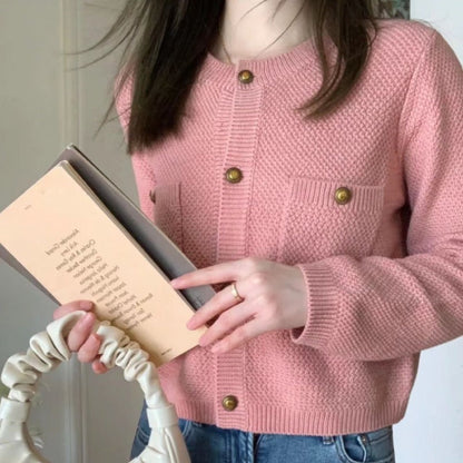 Women Knitted Cardigan Long-Sleeved Pink Knitted Cardigan Jacket