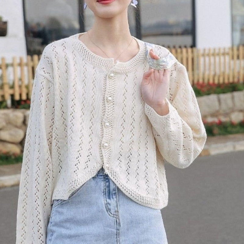 Women Knitted Cardigan Jacket Sun Protection Shirt Hollow Top
