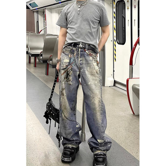 Unisex Pants Distressed Ink-splashed Loose-fitting Chain Jeans