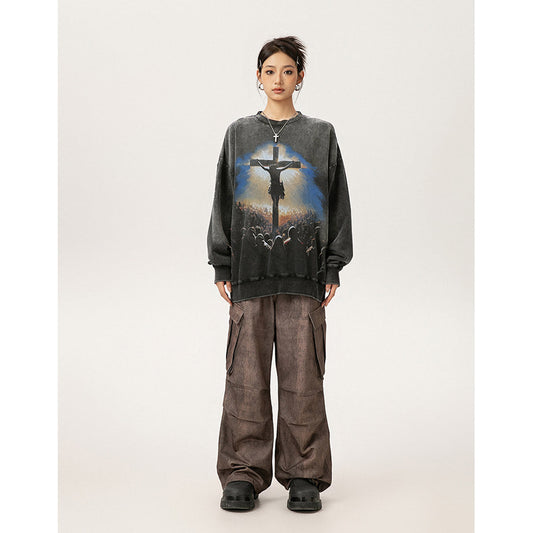 Unisex Hoodies Saint Michael Jesus Cross Pattern Old Loose Hoodie
