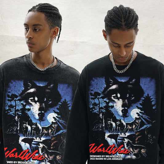 Vintage T-shirts Silver Wolf Night Printed Short Sleeve T-Shirt Cotton Loose