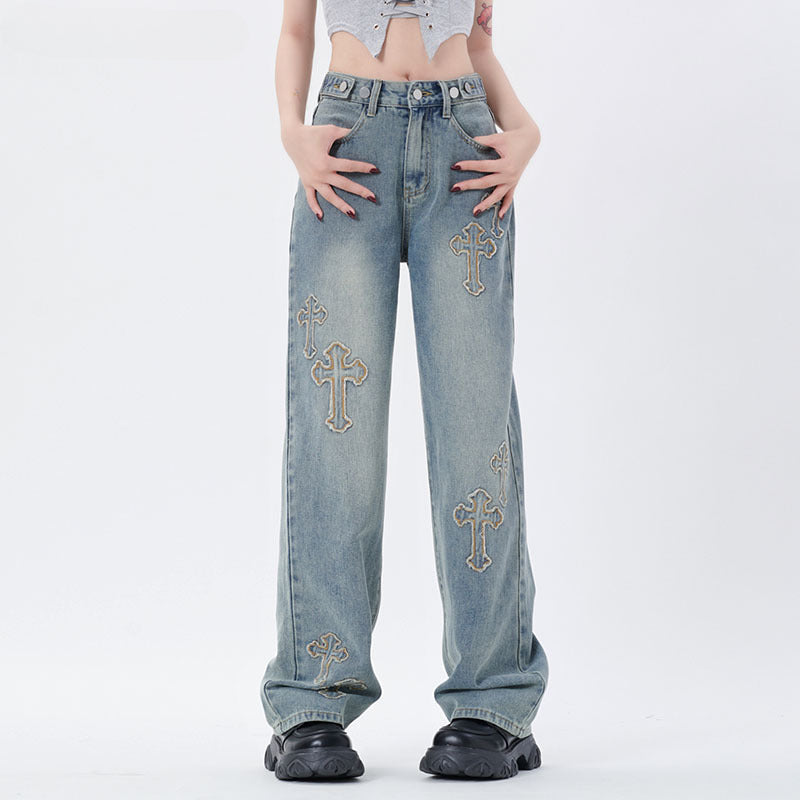 Men Jeans Cross Embroidered Washed Straight Jeans