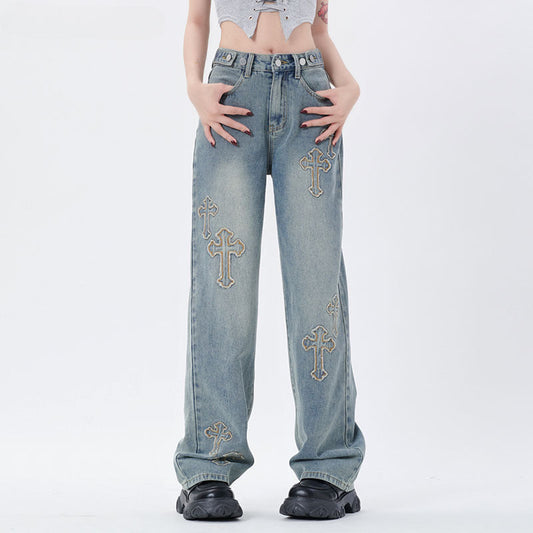 Men Jeans Cross Embroidered Washed Straight Jeans