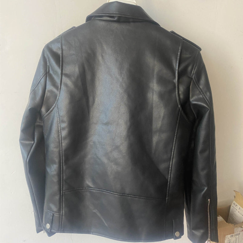 Men Motorcycle Jacket Autumn and Winter Imitation Leather Motorcycle Oblique Zipper Jacket Coat Leather Coat