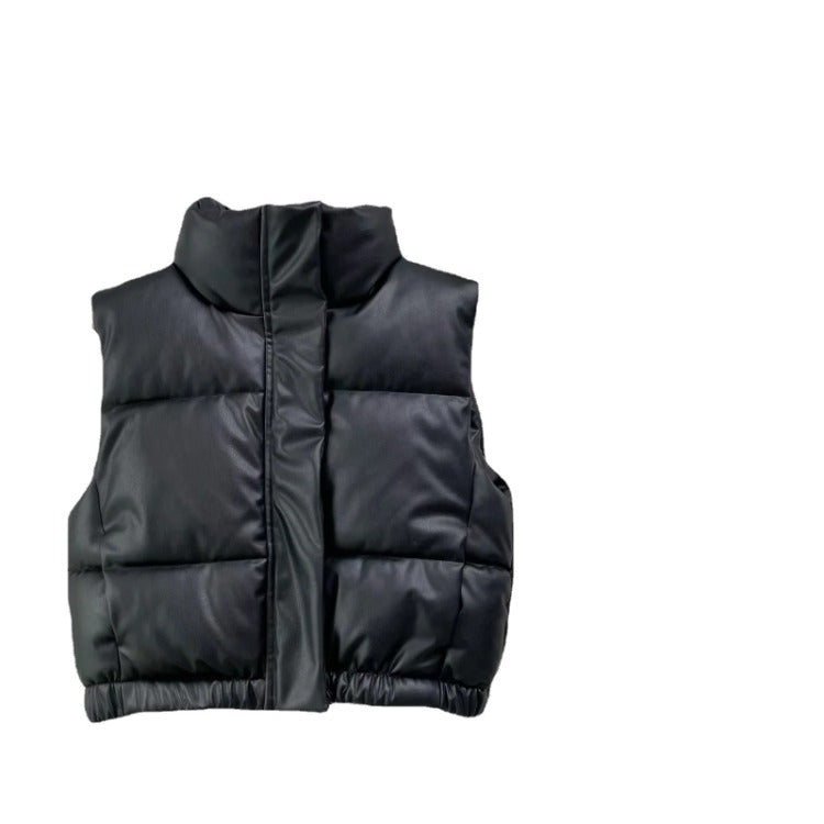Women Cotton Coat Casual Stand Collar Imitation Leather Vest