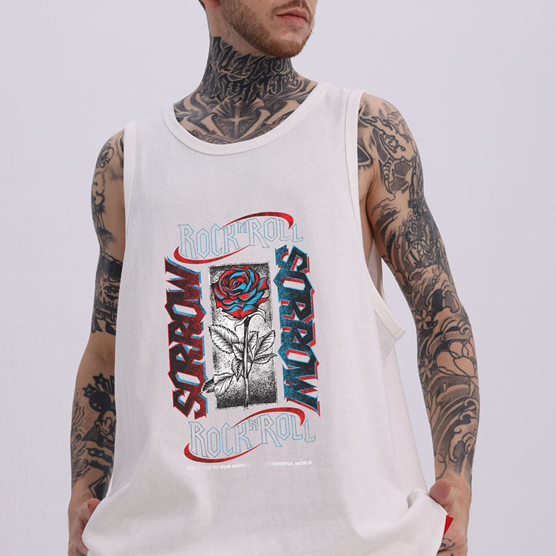 Men Vest Rose Print Sleeveless T-shirt Men's and Women's Oversize Hip Hop Vest