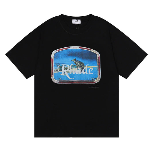 Rhude T Shirt Lonely Wolf HD Printed Hip Hop Men's and Women's Same Casual Loose