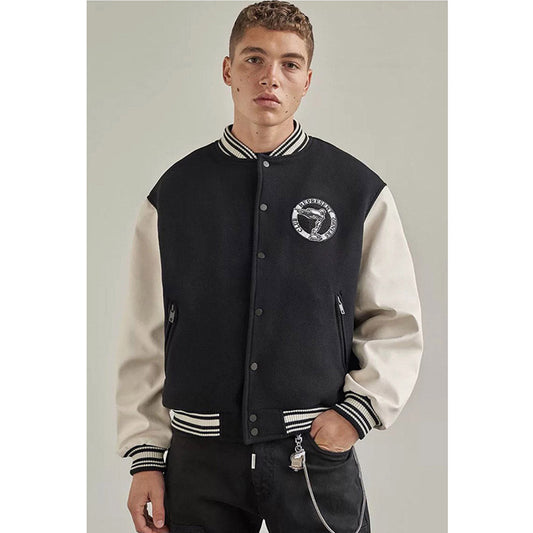 Unisex Baseball Jersey Represents Embroidered Leather Sleeve Baseball Jacket