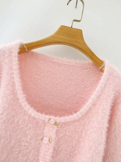 Women Sweater Knitwear Retro Square Collar Single-Breasted Long Sleeve Knitted Cardigan Jacket
