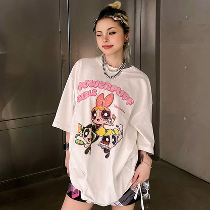 Unisex T-Shirts Powerpuff Girls Cartoon Print Casual Vintage Cotton Tee