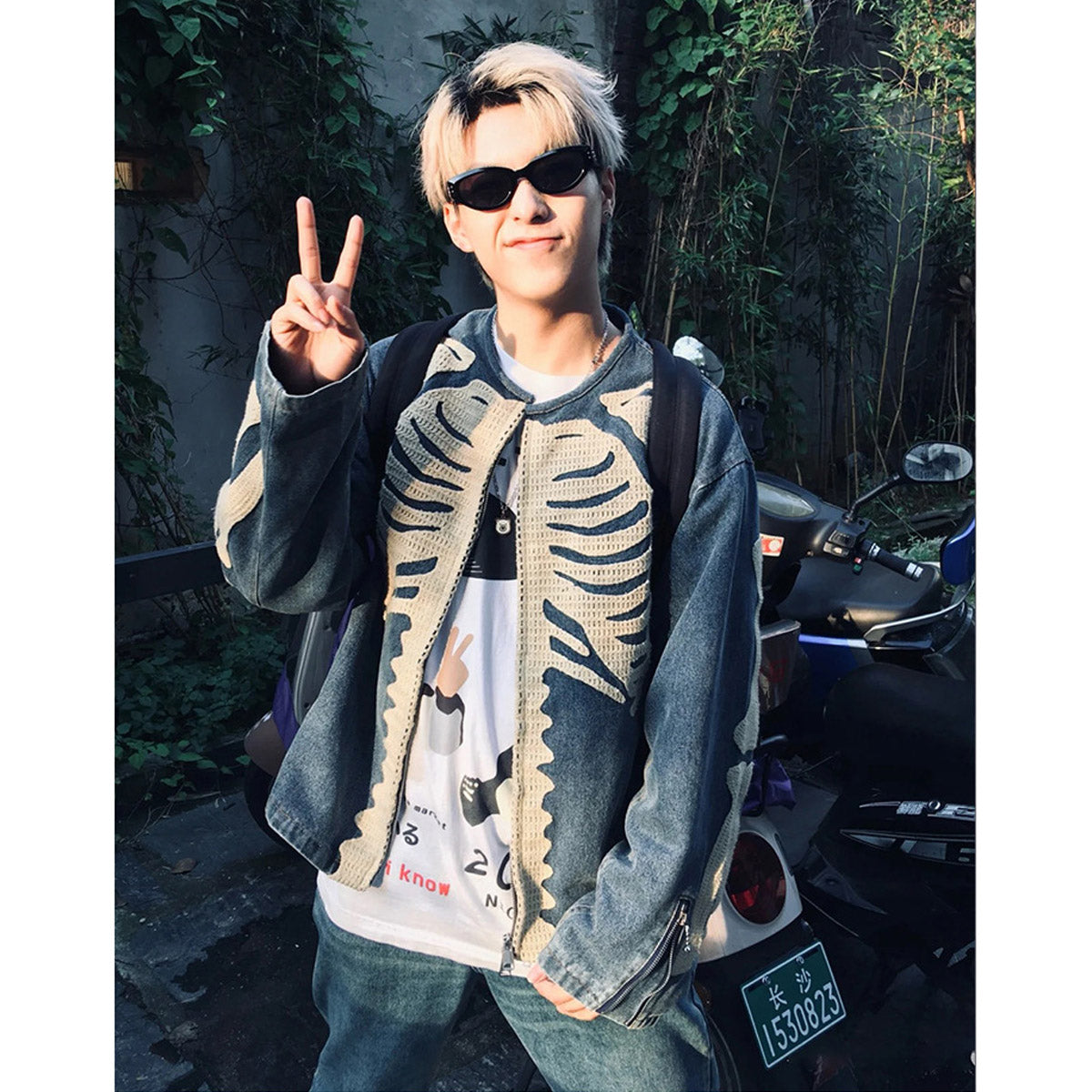 Unisex Denim Jacket Skeleton Embroidered Loose Cardigan Denim Jacket