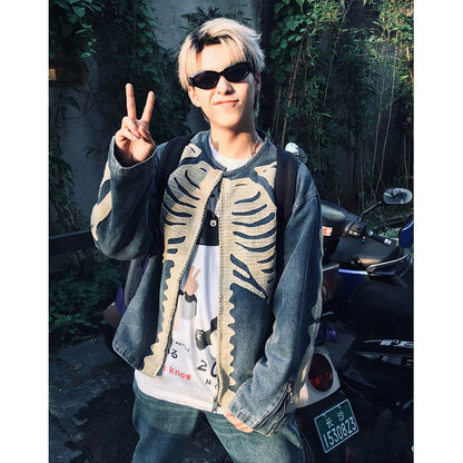 Unisex Denim Jacket Skeleton Embroidered Loose Cardigan Denim Jacket