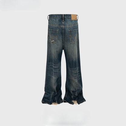 MIJKO Men Vintage Pants MIJKO Washed Textured Jeans Old Micro-horn Wide Foot Splicing