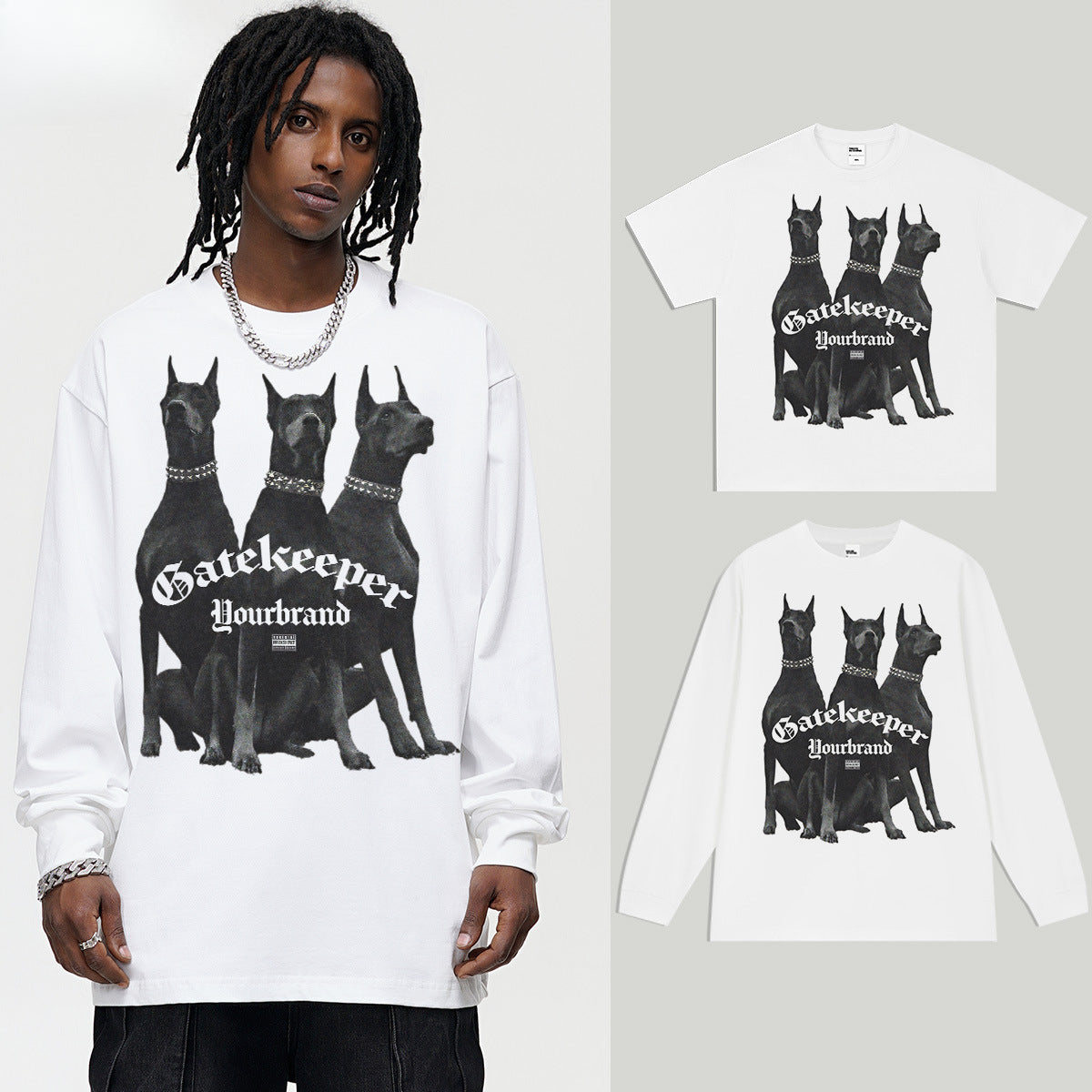 Vintage T-shirts Doberman Street Print Long Short Sleeve T-Shirt Cotton