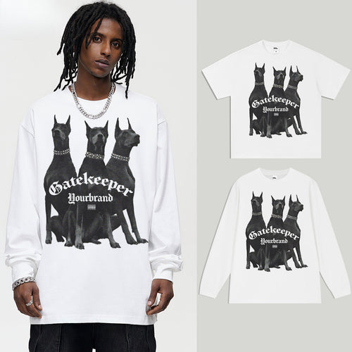Vintage T-shirts Doberman Street Print Long Short Sleeve T-Shirt Cotton